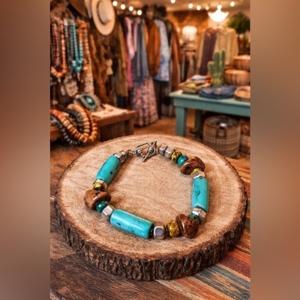 Southwestern Turquoise / Brown &, Gunmetal Bracelet, toggle clasp 🩵🤎🩵🤎🩶